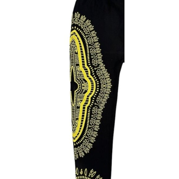 Black Leggings with Yellow African Aztec TATTOO Print Athletic Stretch One Size - Picture 4 of 7